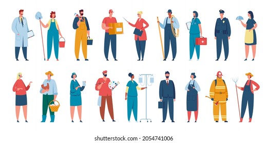 People of different professions, professional workers in uniform. Characters with various occupation doctor, artist, teacher vector set. Male and female employees with working equipment