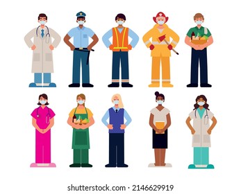 personas de diferentes profesiones con máscara protectora para covid 19