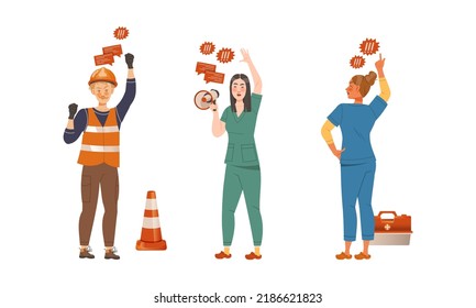 People of different professions protesting, discussing social issues and shouting with megaphone vector illustration