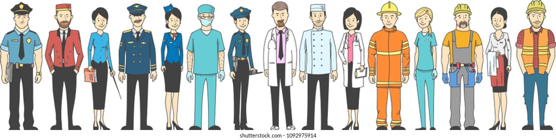 People of different professions are in a row