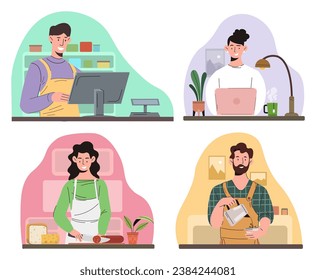People of different professions set. Barista, cashier, cook and freelancer at workplace. Labour union holiday and festival. Cartoon flat vector collection isolated on white background