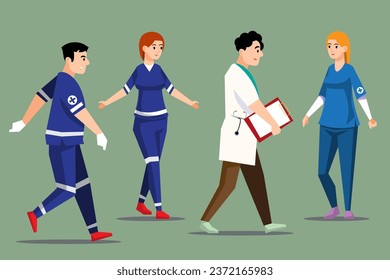 People of different professions. Set of doctors and nurse characters. Emergency or medical practitioners. Hero in white coat, woman or man. Vector illustration.