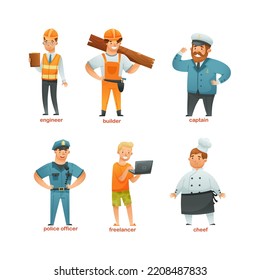 People of different professions set. Engineer, builder, captain, police officer, freelancer, chef cartoon vector illustration