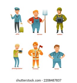 People of different professions set. Pilot, farmer, soldier, photographer, fireman, nurse, cartoon vector illustration
