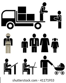 People of different professions - set of stylized vector pictogram. Family, units. Isolated, icons, design elements. Husband, wife and their children.