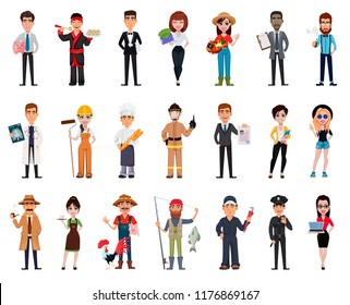 People of different professions. Set of twenty one poses with cartoon characters of various occupations. Creative vector illustration