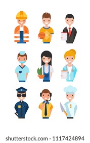 People of different professions set, working people avatars, basketball player, businessman, florist, doctor, policeman, chef,support service operator, nurse vector Illustrations