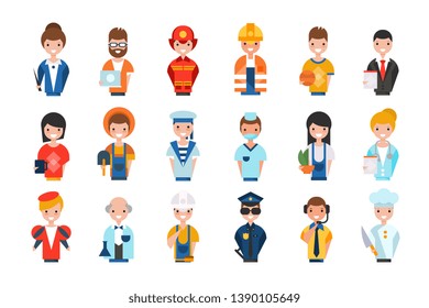 People of different professions set, working people avatars, teacher, system administrator, fireman, farmer, scientist, actor, builder vector Illustrations