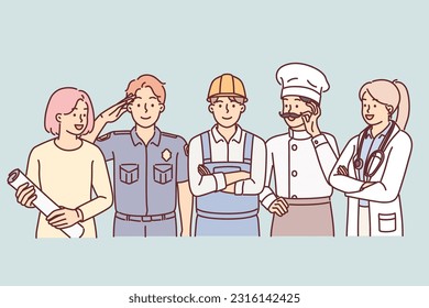 Personas de diferentes profesiones se unen al lado de los uniformes de servicio para la pancarta del día del trabajo. Exitosa cocinera con un doctor cerca de un joven policía y un constructor ofrecieron celebrar el día del trabajo