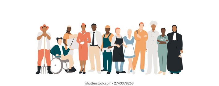 People of different professions standing together.	