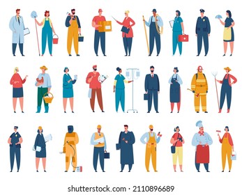 People of different professions in uniform doctor and firefighter, businessman and policeman. Vector people worker, scientist and manager, fireman and workman illustration