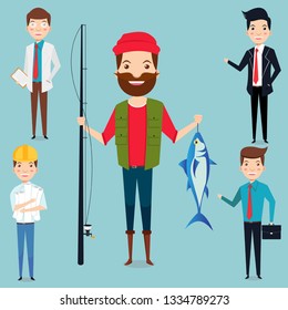 People different professions vector illustration fisherman, doctor, architect, office worker, and enterpreneur