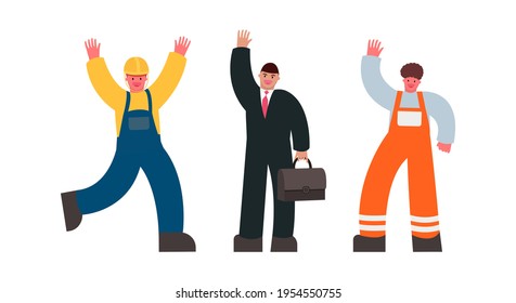 People of different professions wave hi