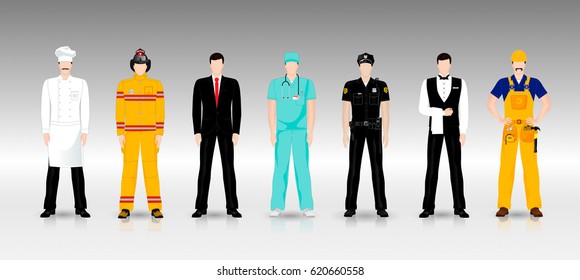 People of different professions in working clothes in full growth