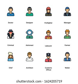 People of different professions.Doctor, Manager, Chef, farmer and others.Vector illustration in a colored line icons style.avatar