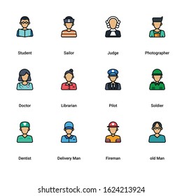 People of different professions.Doctor, Manager, Chef, farmer and others.Vector illustration in a colored line icons style.avatar