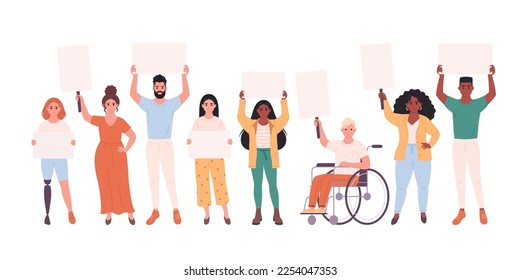 People of different race holding clean empty banners and placards. Activism, social movement. Democracy, rally and protest. People with physical disability. Vector illustration in flat style