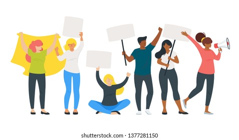 People of different races and age take part in protest or parade and fight for their rights. Man and woman holding banners. Vector illustration isolated on white background.
