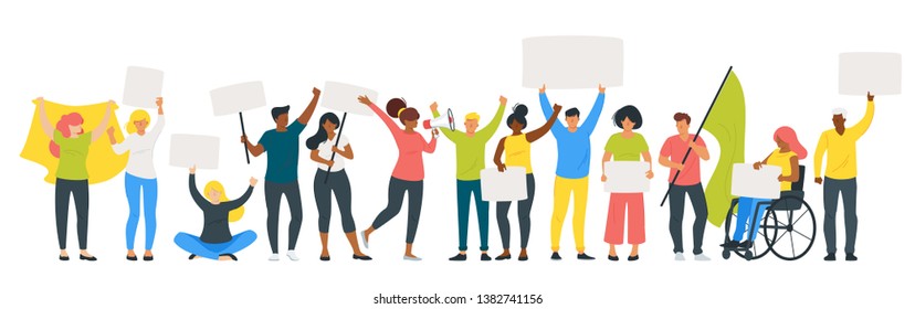 People of different races and age take part in protest or parade and fight for their rights. Man and woman holding banners. Vector illustration isolated on white background.