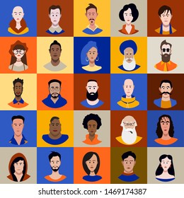 People of different races and ages Avatar Set Vector. Man, Woman. People User Person. Trendy Image. Cheerful Worker Avatar. Round Portrait. Flat Cartoon Character Illustration	