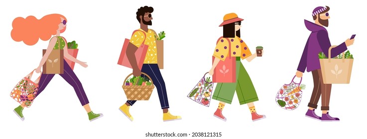 People of different races carrying shopping eco friendly mesh bags with fresh organic fruits and vegetables. Zero waste and sustainable lifestyle concept, buying food in grocery store without plastic.