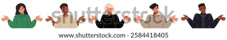People of different races in casual clothes spread hand shrugging shoulders looking puzzled