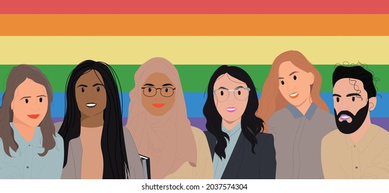  People Of Different Races And Genders In Business Workteam. Vector Illustration Of The Lgbt Movement.