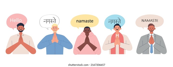 People of different races are holding hands and saying an Indian greeting. flat design style vector illustration. indian text translation: hello