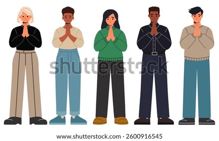 People different races look holding palms pressed together, asking for forgiveness, feeling sorry.