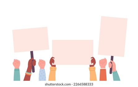 People of different races, nationalities holding banners and placards. Activism, social movement, demonstration. Democracy, rally and protest. Vector illustration in flat style