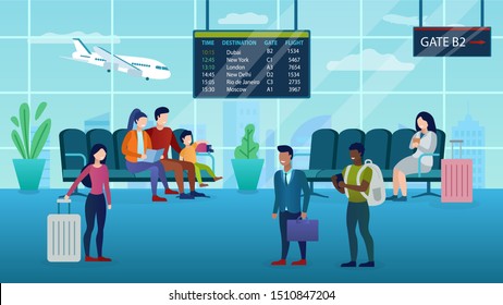 People of different races and nations are waiting for the flight. Airport lounge. Business trip. Information. Family is on vacation. Airport interior. Plane landing. Flat Cartoon Vector Illustration.