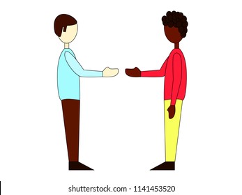 People of different races shake hands. Flat style. Interracial friendship.