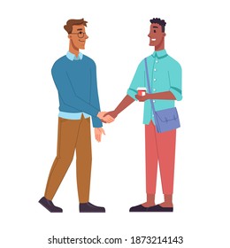 People of different races shaking hands, isolated multinational male characters at work. Greeting and smiling personages multicultural employees or friends, colleagues or team members. Vector in flat