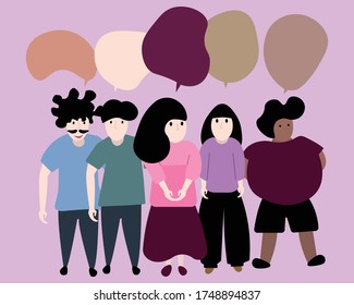 People of different races and shapes are different. Standing and there are speech bubbles.