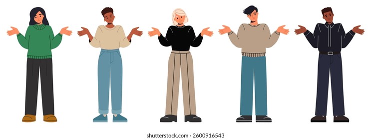 People of different races shrug their shoulders and throw up their hands