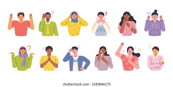 People of different races and styles. It expresses various emotions. flat design style vector illustration.