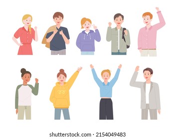 People of different races and styles making positive gestures. flat design style vector illustration.