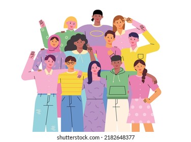 People of different races and styles are standing together and smiling. flat design style vector illustration.