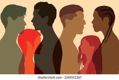 Personas de diferentes orígenes raciales y el concepto de antirracismo e igualdad racial. Mujeres y hombres de diversas culturas. Sociedad multicultural. 