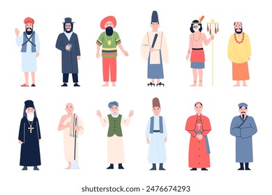 People different religion. Orthodox and catholic, judaism and hinduism. Monks and priests in different traditional clothes. Religious recent vector characters