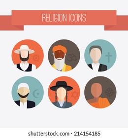 People of different religion in traditional clothing. Islam, judaism, buddhism, christianity, hinduism, amish. Religion vector symbols and characters. svg