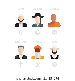 People of different religion in traditional clothing. Islam, judaism, buddhism, christianity, hinduism, amish. Religion vector symbols and characters.