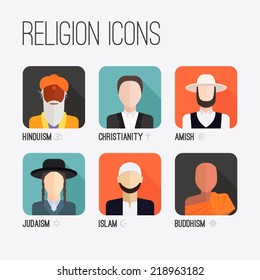 People of different religion in traditional clothing. Islam, judaism, buddhism, christianity, hinduism, amish. Religion vector symbols and characters.
