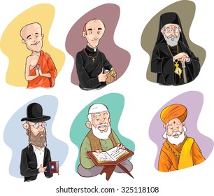 People of different religion in traditional clothing. Islam, judaism, buddhism, orthodox, catholic, hinduism illustration