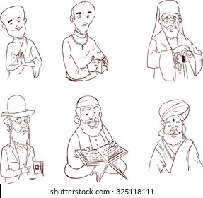 People of different religion in traditional clothing. Islam, judaism, buddhism, orthodox, catholic, hinduism illustration (black and white)