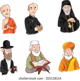 People of different religion in traditional clothing. Islam, judaism, buddhism, orthodox, catholic, hinduism illustration