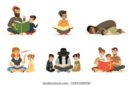 People of Different Religions Collection, Families Traditional Clothes Praying and Reading Religious Books Vector Illustration