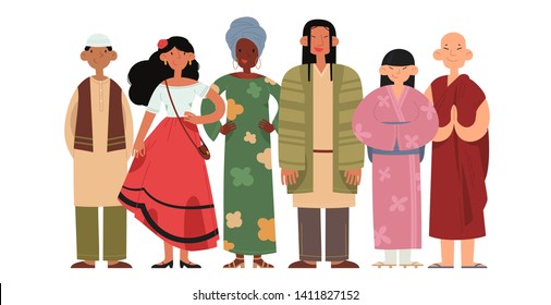 People of different religions and cultures as well as different skin colors standing together on white background. Happy people wearing various national and religious clothing.