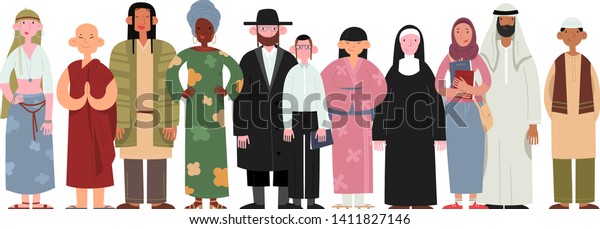 People of\
different religions and cultures as well as different skin colors\
standing together on white background. Happy people wearing various\
national and religious\
clothing.