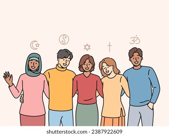 People different religions hug, feeling unity and absence disagreements due to differences faiths. Men and women with various religions smiling posing near signs of islam and christianity or buddhism